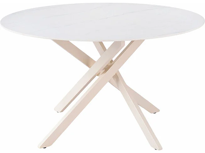 Table ronde D.130 cm céramique blanc marbré pieds crème – POPPY