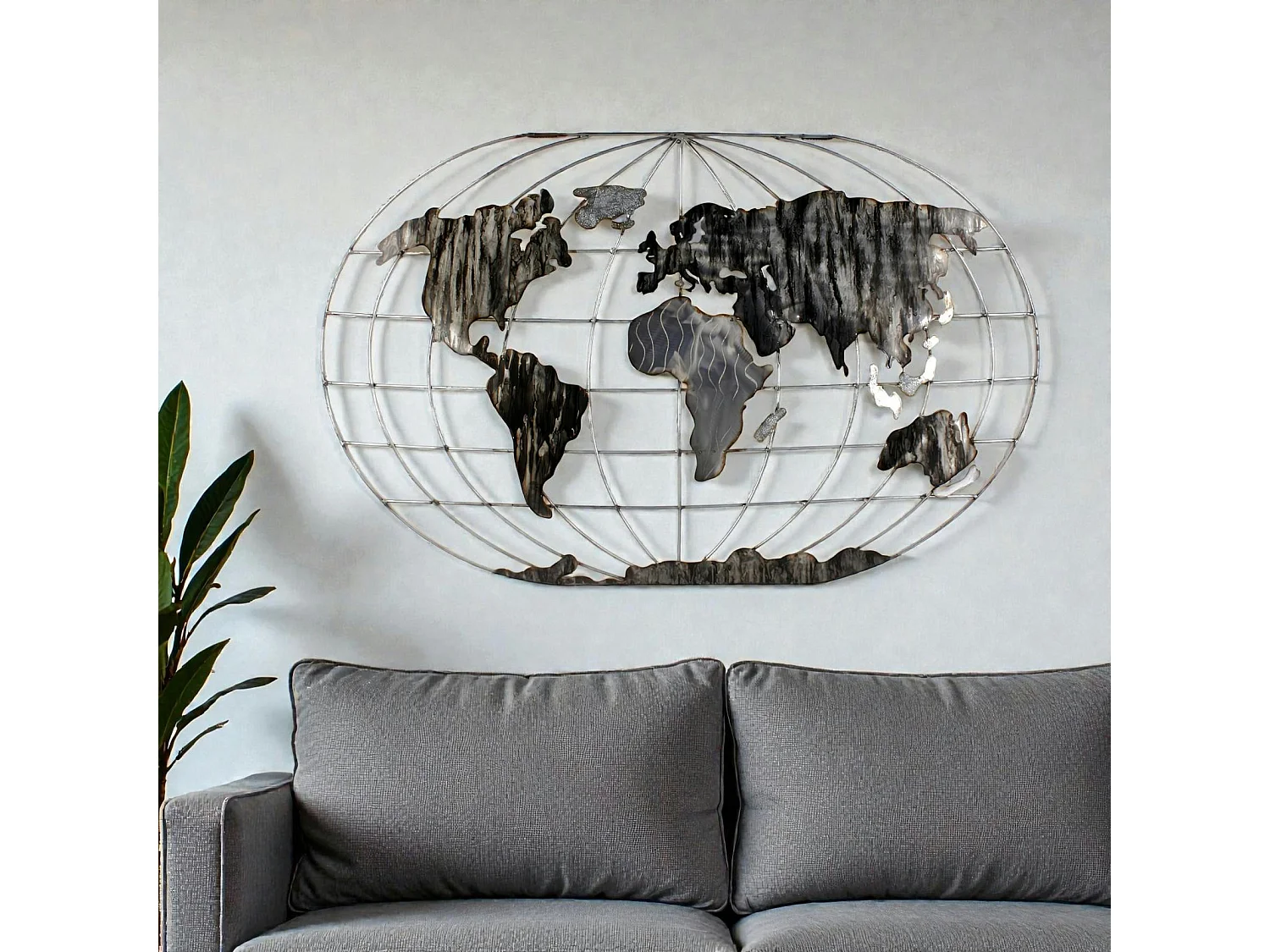 Décoration murale Mappemonde en métal gris et noir 120x75cm