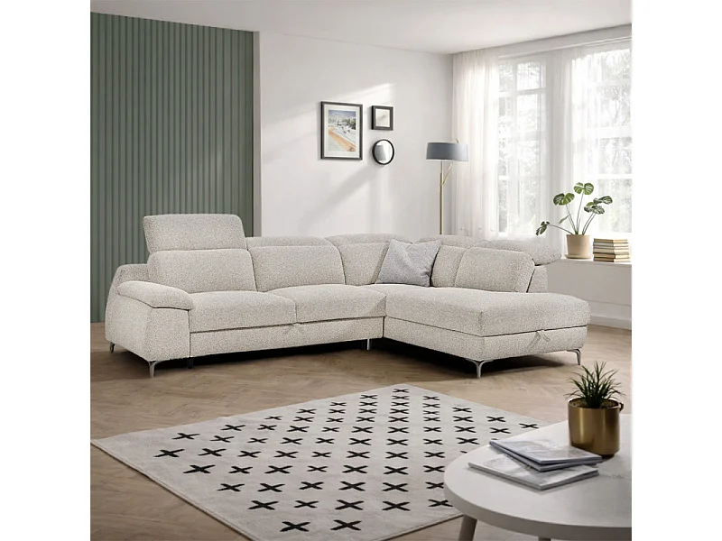 Canapé d'angle droit convertible L. 278 cm tissu chiné beige - TULIO