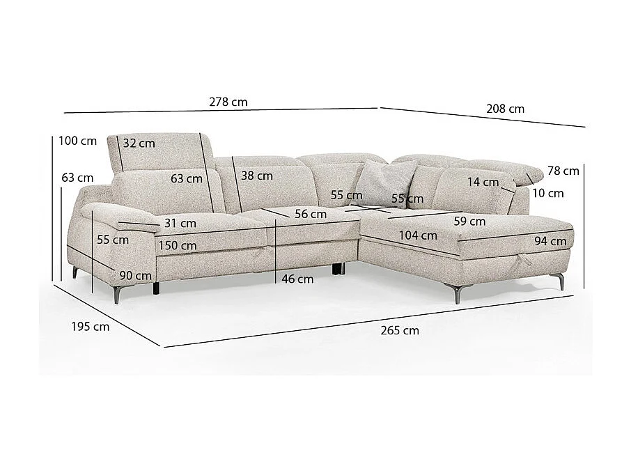 Canapé d'angle droit convertible L. 278 cm tissu chiné beige - TULIO