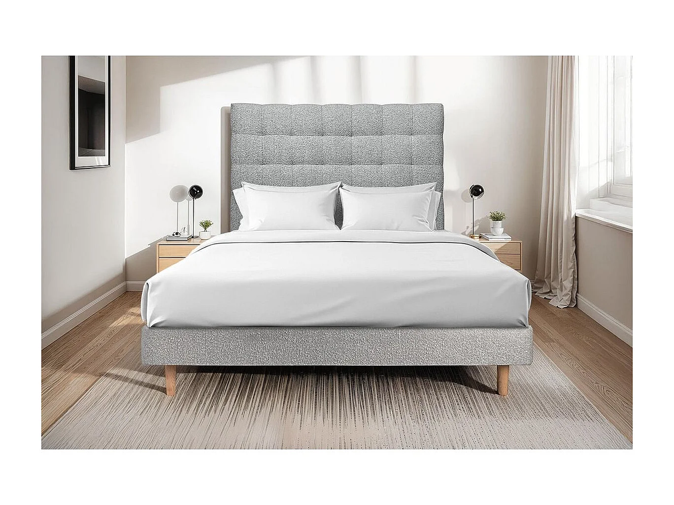 Lit 160x200cm avec tête de lit capitonnée bouclette et sommier kit Gris - Hauteur totale : 29cm