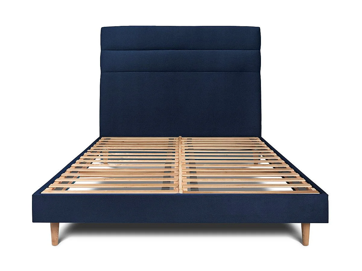 Lit 160x200cm avec tête de lit lignes velours et sommier kit Bleu - Hauteur totale : 29cm