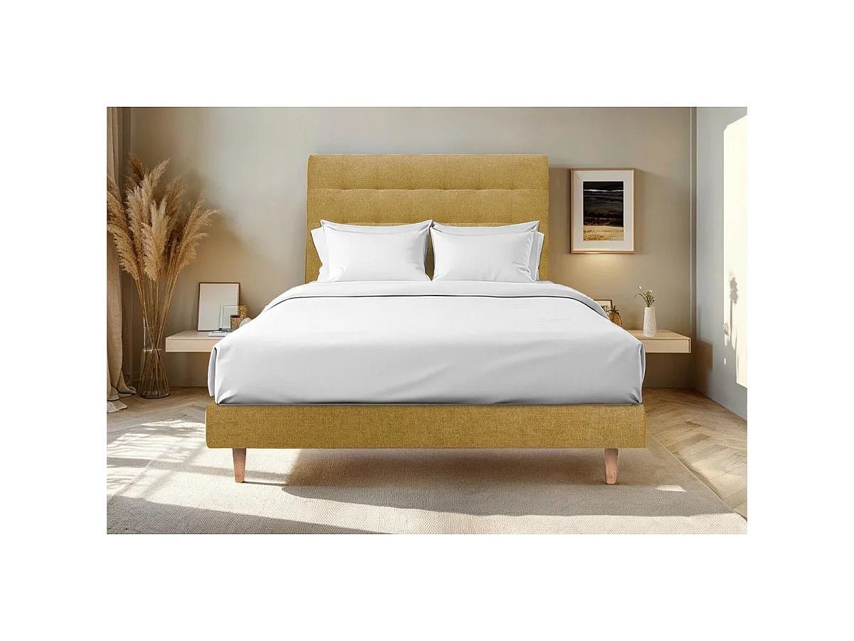 Lit 160x200cm avec tête de lit capitonnée tissu et sommier kit jaune - Hauteur totale : 29cm