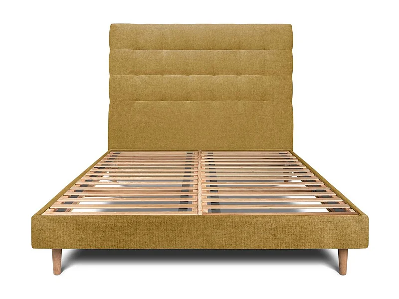Lit 160x200cm avec tête de lit capitonnée tissu et sommier kit jaune - Hauteur totale : 29cm