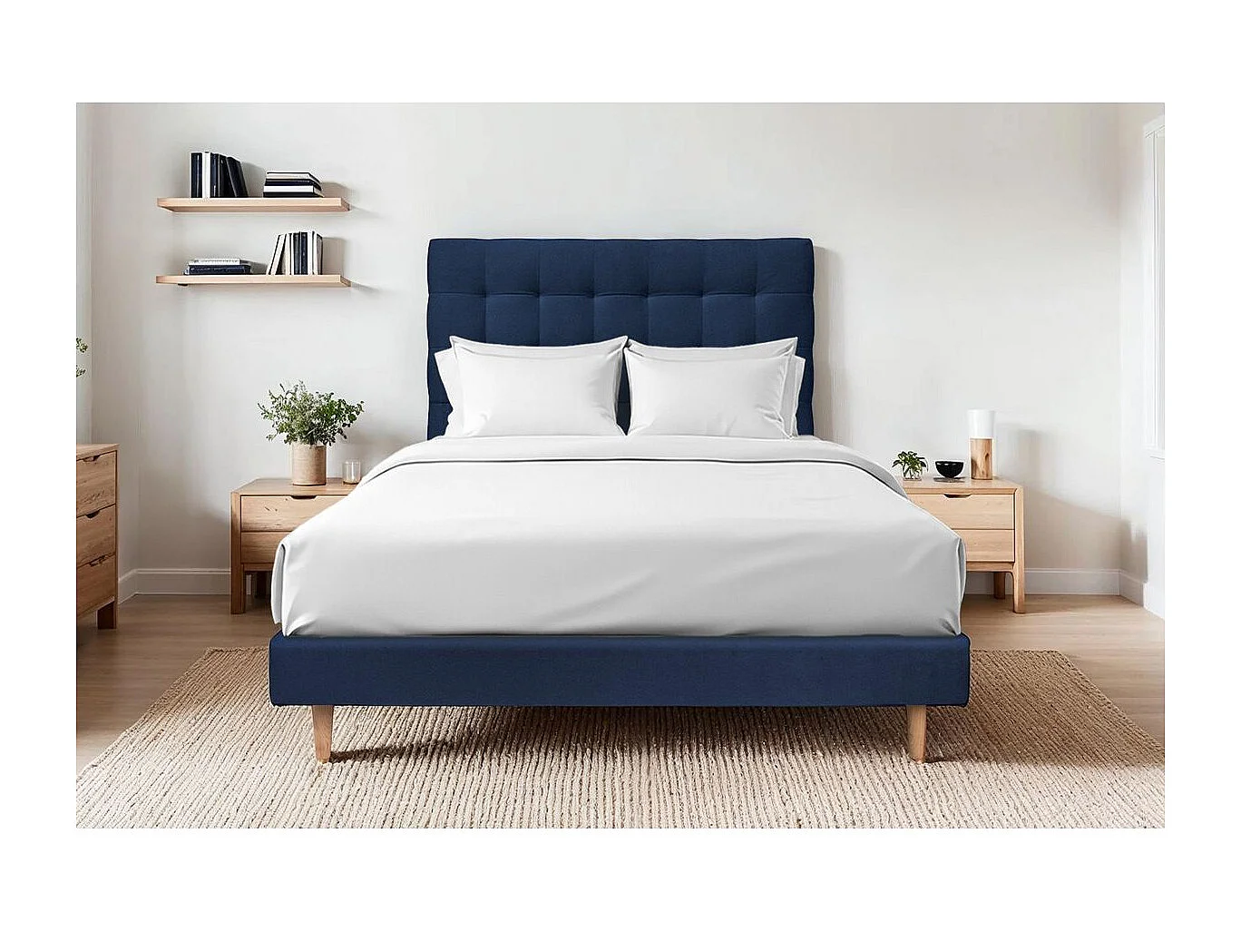 Lit 160x200cm avec tête de lit capitonnée velours et sommier kit Bleu - Hauteur totale : 29cm