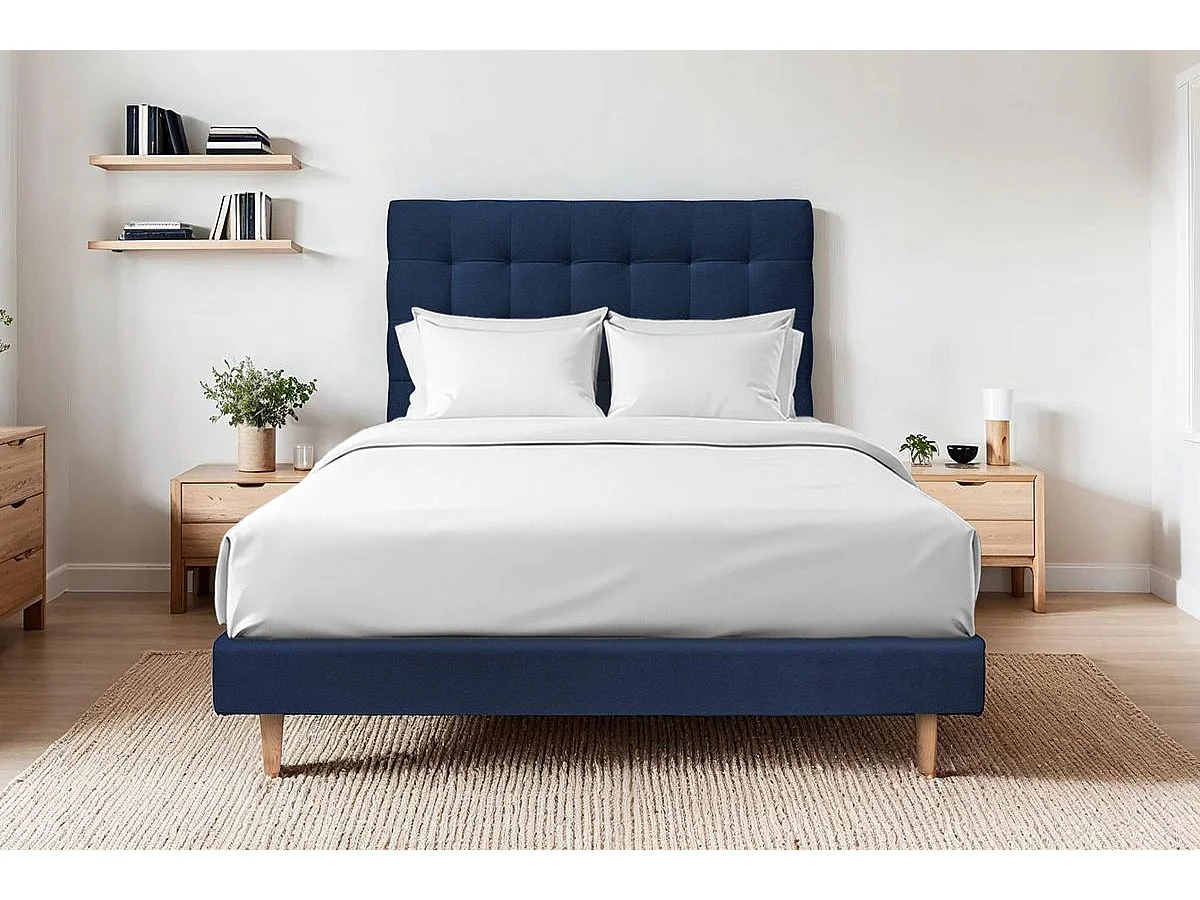 Lit 160x200cm avec tête de lit capitonnée velours et sommier kit Bleu - Hauteur totale : 29cm