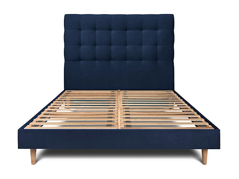 Lit 160x200cm avec tête de lit capitonnée velours et sommier kit Bleu - Hauteur totale : 29cm