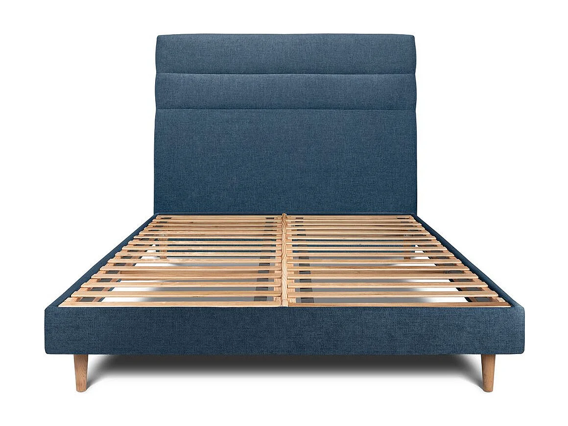 Lit 160x200cm avec tête de lit lignes tissu et sommier kit Bleu - Hauteur totale : 29cm