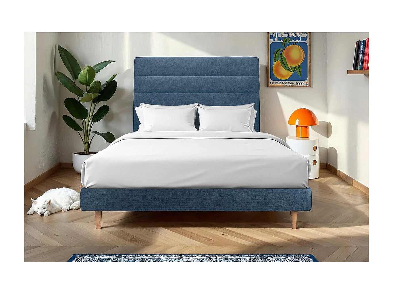 Lit 160x200cm avec tête de lit lignes tissu et sommier kit Bleu - Hauteur totale : 29cm