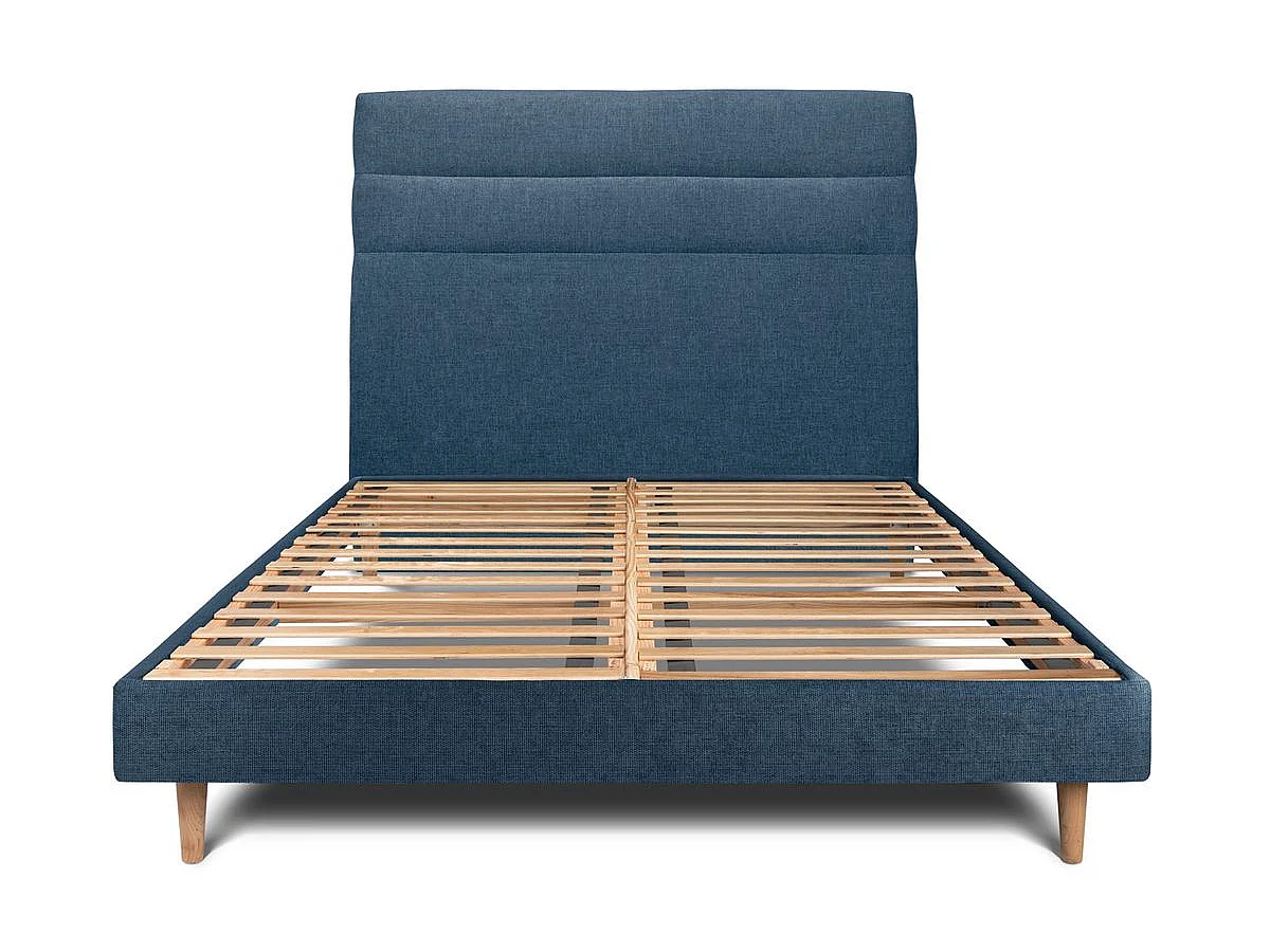 Lit 160x200cm avec tête de lit lignes tissu et sommier kit Bleu - Hauteur totale : 29cm