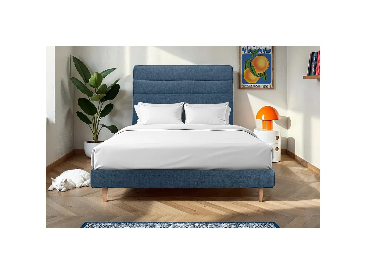 Lit 160x200cm avec tête de lit lignes tissu et sommier kit Bleu - Hauteur totale : 29cm