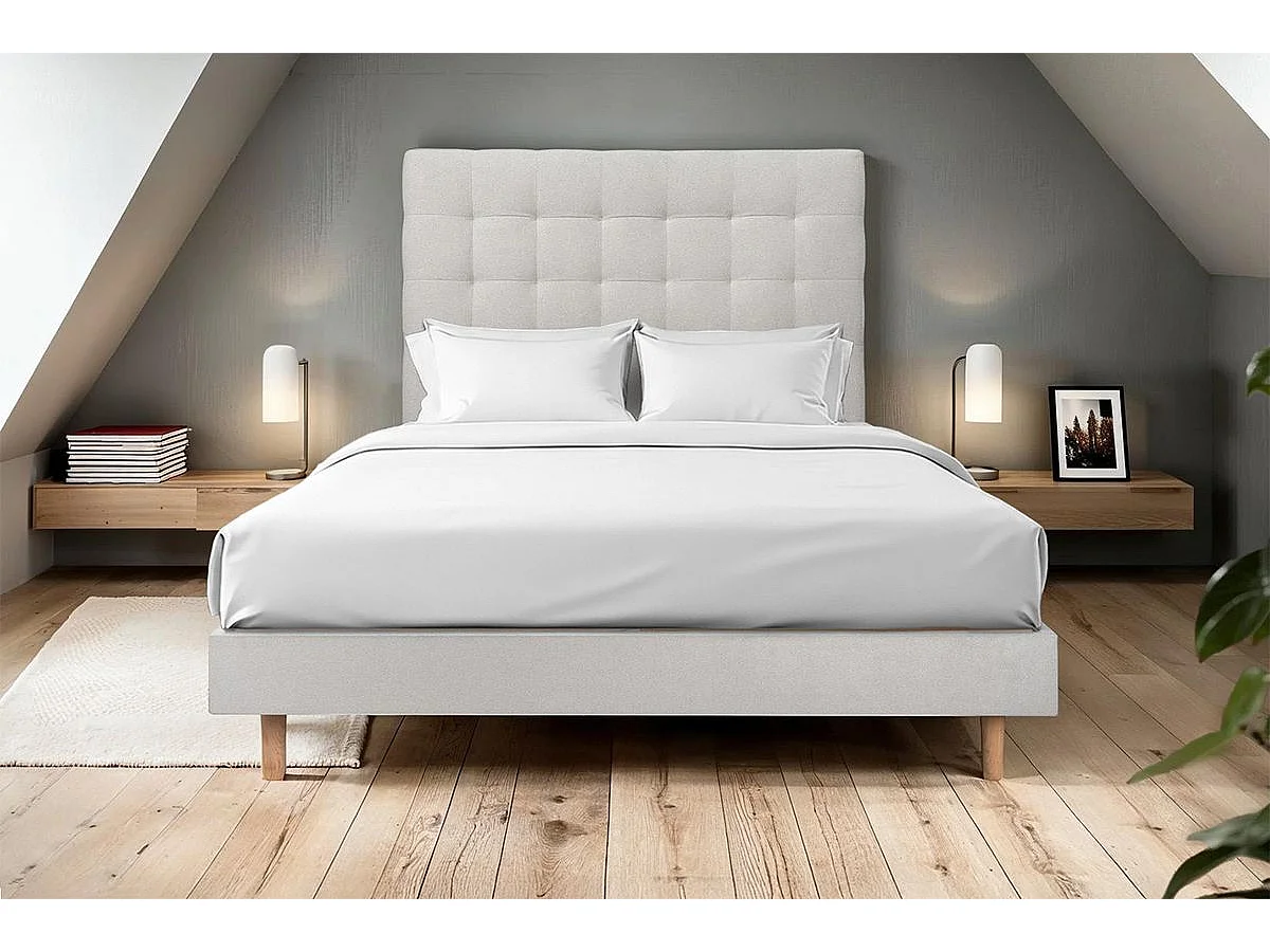 Lit 160x200cm avec tête de lit capitonnée velours et sommier kit gris clair - Hauteur totale : 29cm