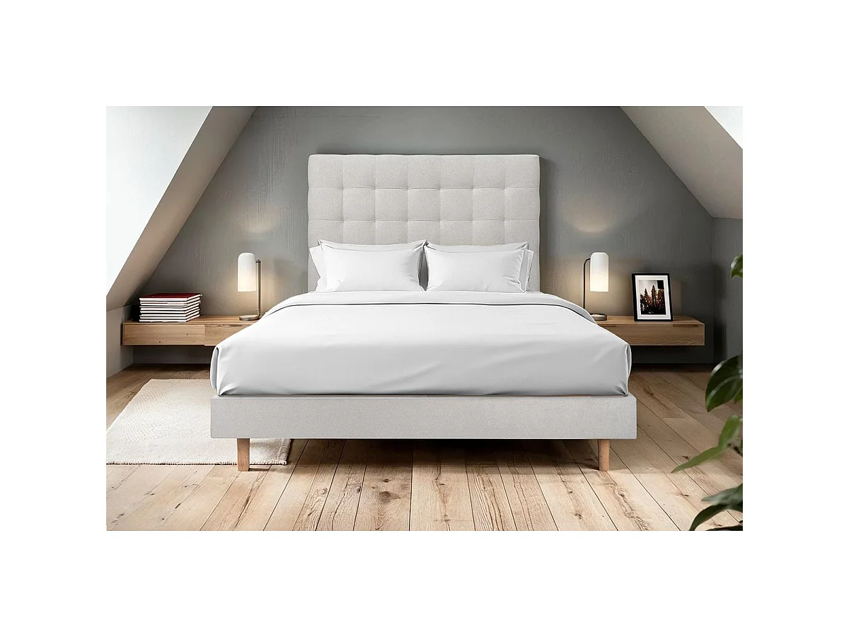 Lit 160x200cm avec tête de lit capitonnée velours et sommier kit gris clair - Hauteur totale : 29cm