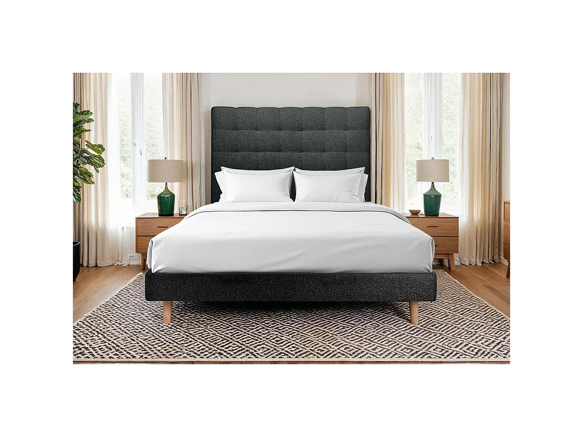 Lit 160x200cm avec tête de lit capitonnée bouclette et sommier kit Noir - Hauteur totale : 29cm