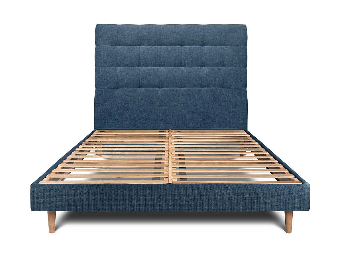 Lit 160x200cm avec tête de lit capitonnée tissu et sommier kit Bleu - Hauteur totale : 29cm
