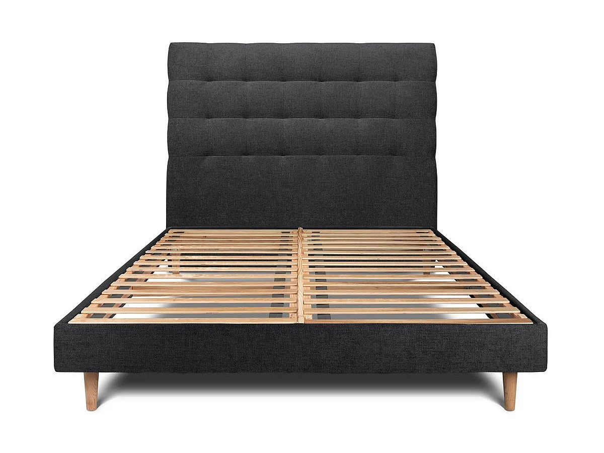 Lit 160x200cm avec tête de lit capitonnée tissu et sommier kit Noir - Hauteur totale : 29cm