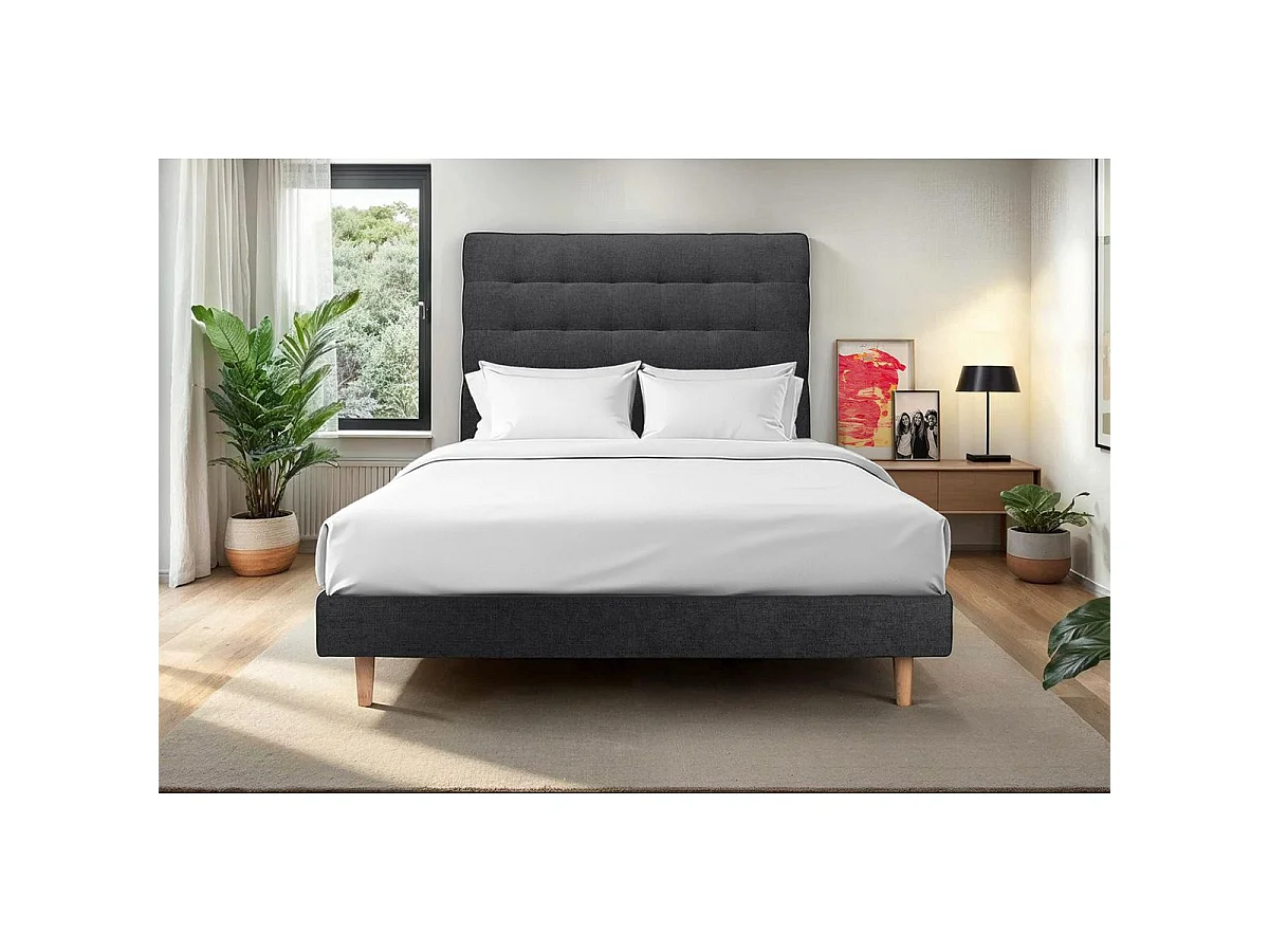 Lit 160x200cm avec tête de lit capitonnée tissu et sommier kit Noir - Hauteur totale : 29cm