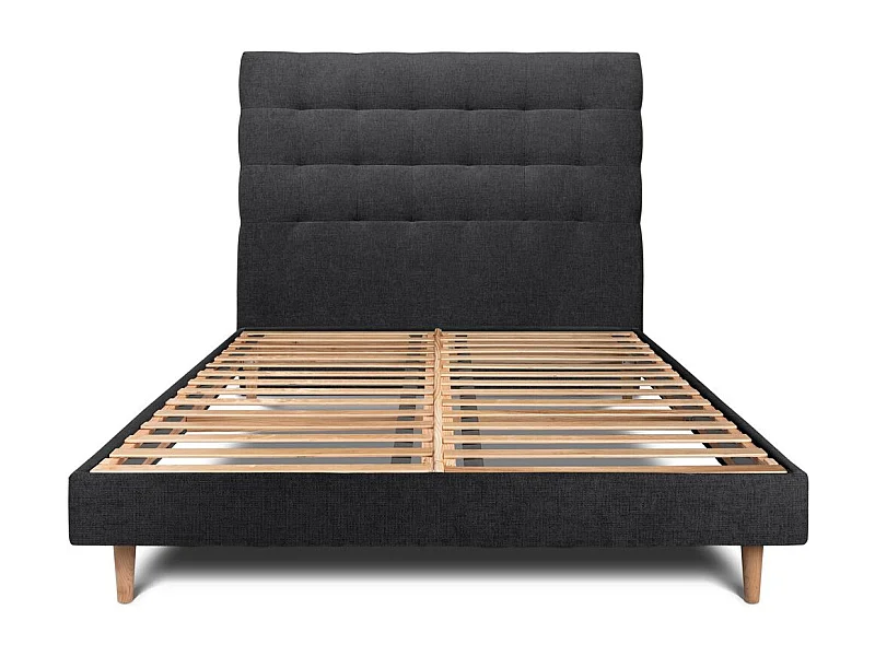 Lit 160x200cm avec tête de lit capitonnée tissu et sommier kit Noir - Hauteur totale : 29cm
