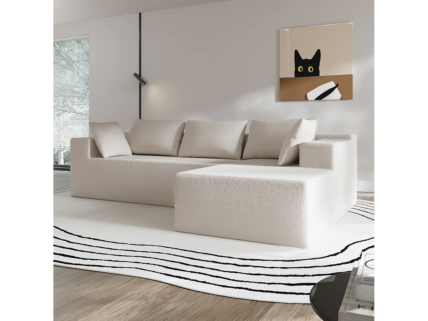 Canapé d’angle droit 4 places, Canapé convertible avec Coussin, combinaison libre, Tissu, 175x270x62, Beige,Salon