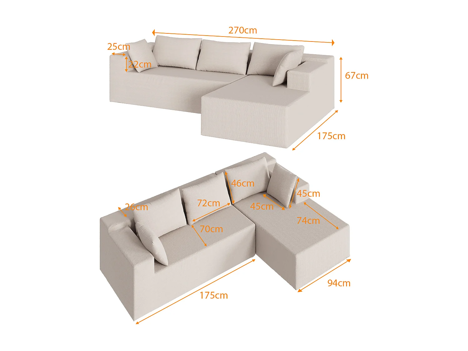 Canapé d’angle droit 4 places, Canapé convertible avec Coussin, combinaison libre, Tissu, 175x270x62, Beige,Salon