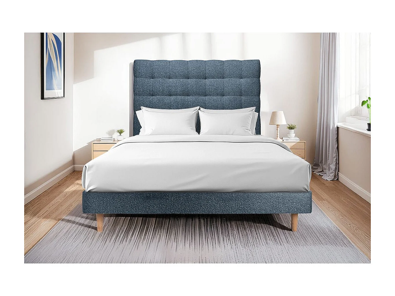 Lit 160x200cm avec tête de lit capitonnée bouclette et sommier kit Bleu - Hauteur totale : 29cm