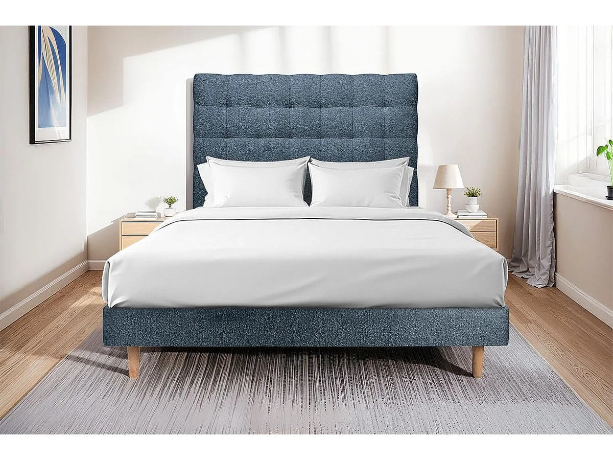 Lit 160x200cm avec tête de lit capitonnée bouclette et sommier kit Bleu - Hauteur totale : 29cm