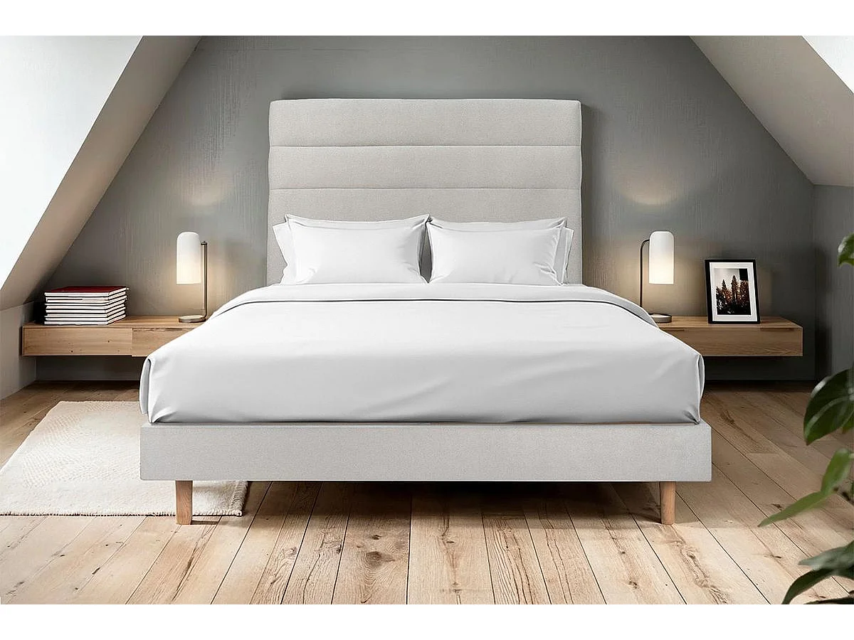 Lit 160x200cm avec tête de lit lignes velours et sommier kit gris clair - Hauteur totale : 29cm