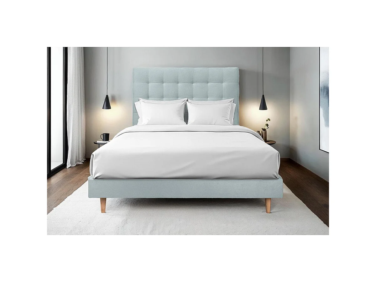 Lit 160x200cm avec tête de lit capitonnée velours et sommier kit Gris bleuté - Hauteur totale : 29cm