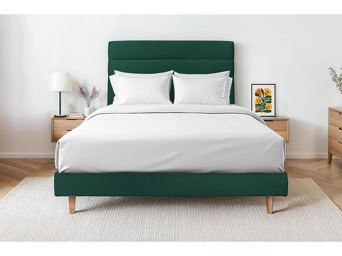 Lit 160x200cm avec tête de lit lignes velours et sommier kit vert - Hauteur totale : 29cm