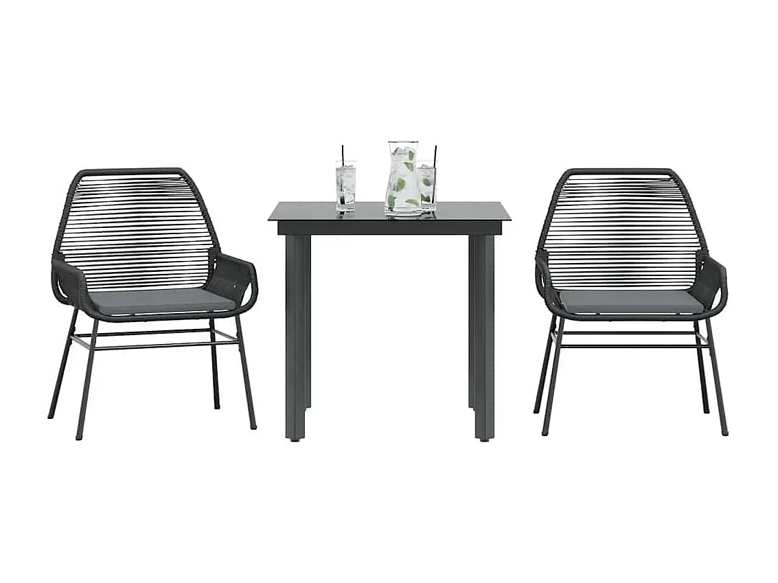 Set comedor jardín 3 piezas cojines ratán sintético vidrio negro