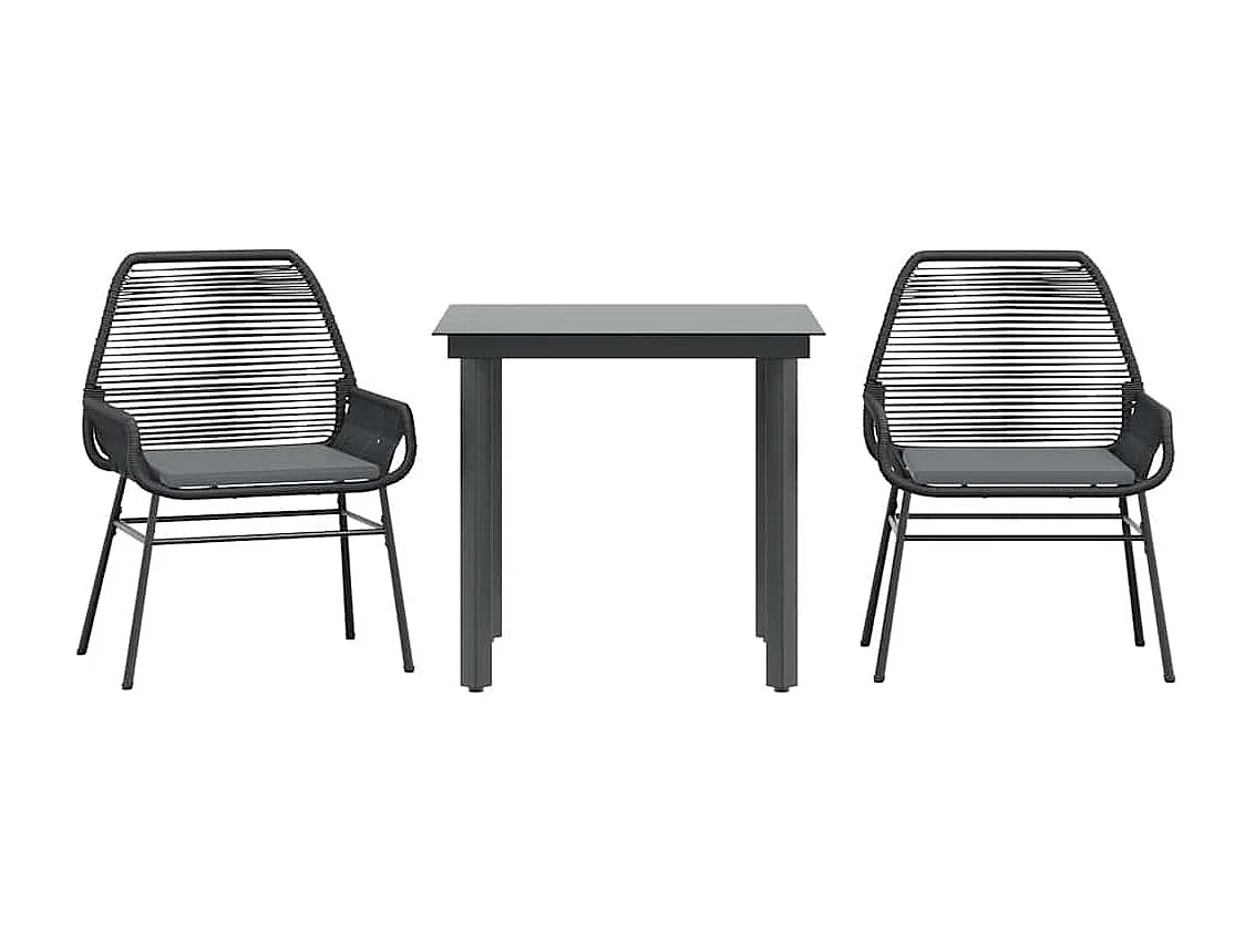 Set comedor jardín 3 piezas cojines ratán sintético vidrio negro
