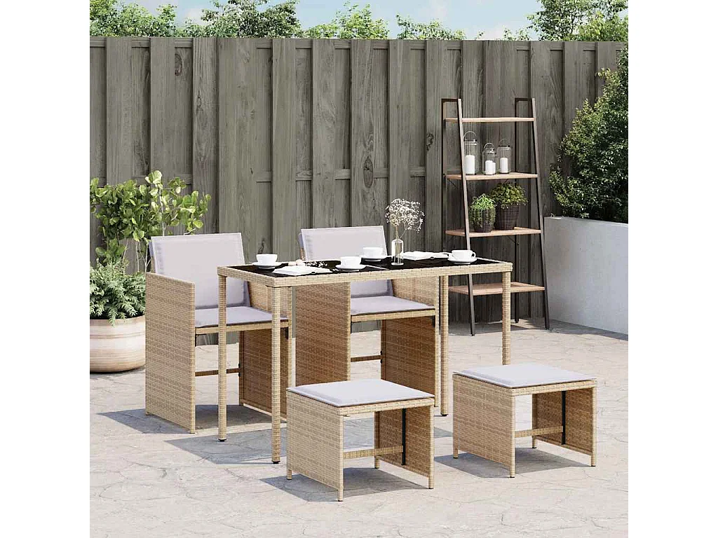 Ensemble à manger de jardin coussins 5 pièces mélange beige rotin