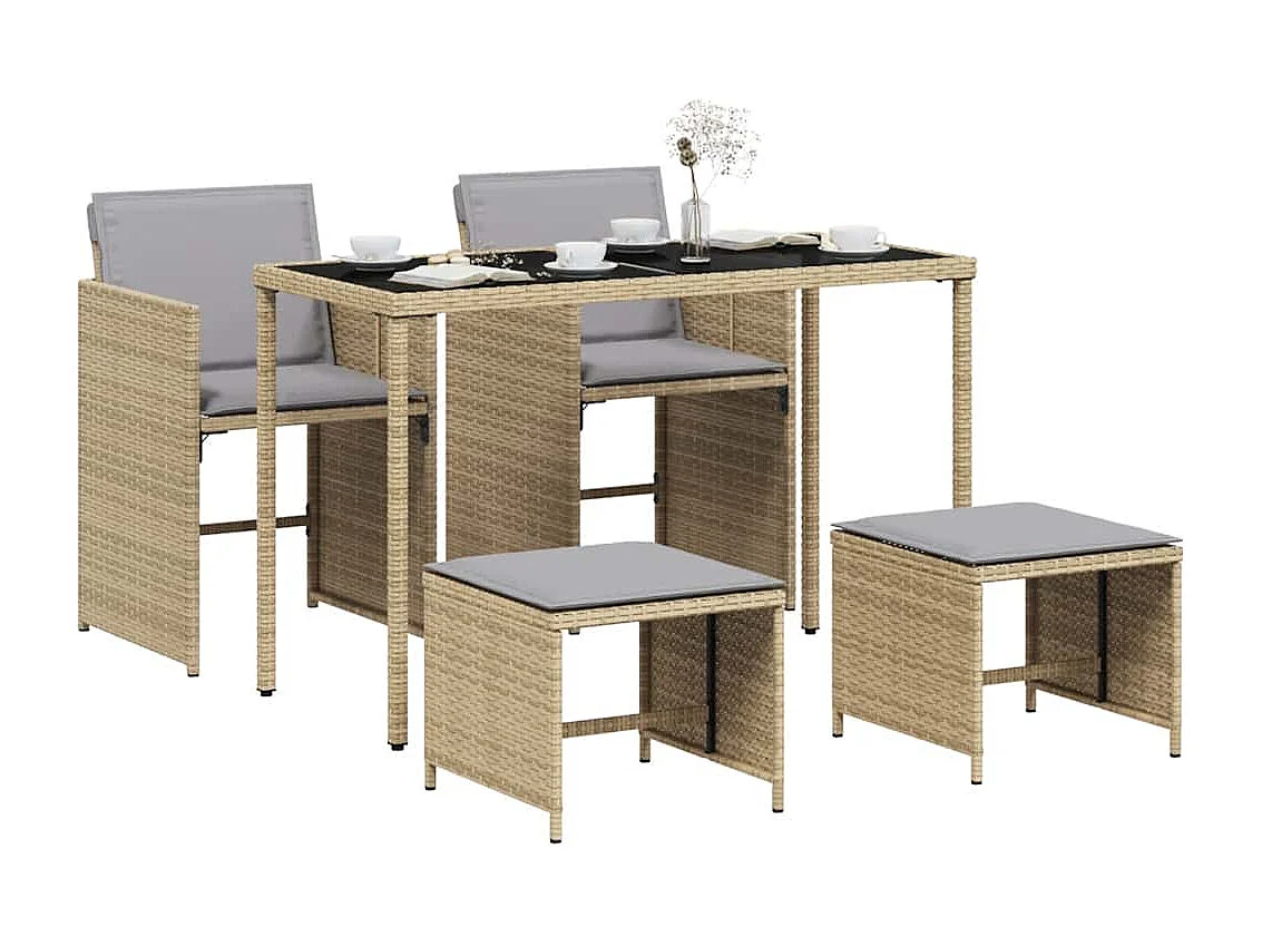 Ensemble à manger de jardin coussins 5 pièces mélange beige rotin