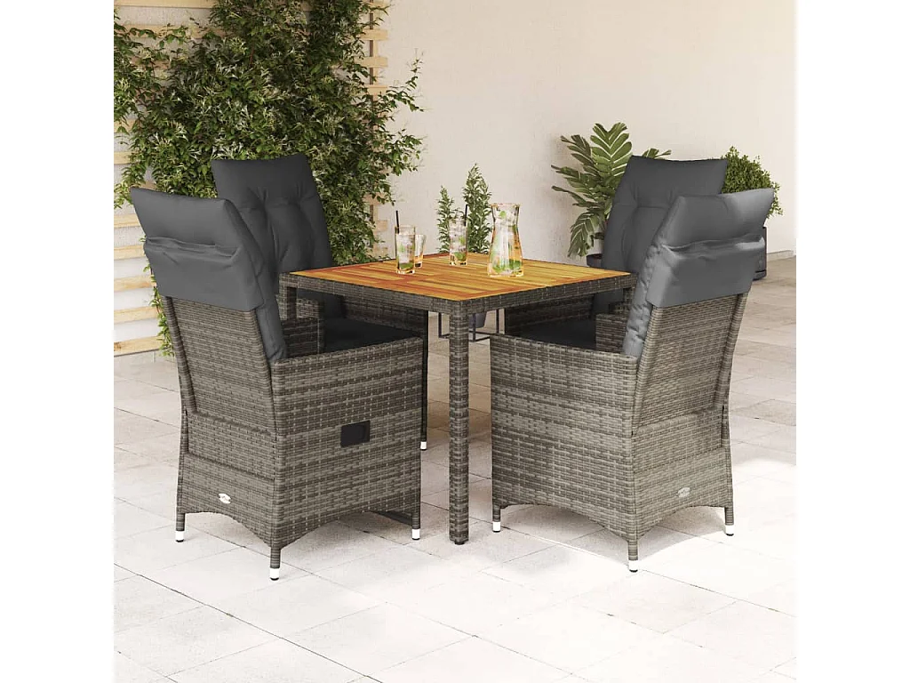 Ensemble à manger de jardin 5 pièces coussins gris résine tressée