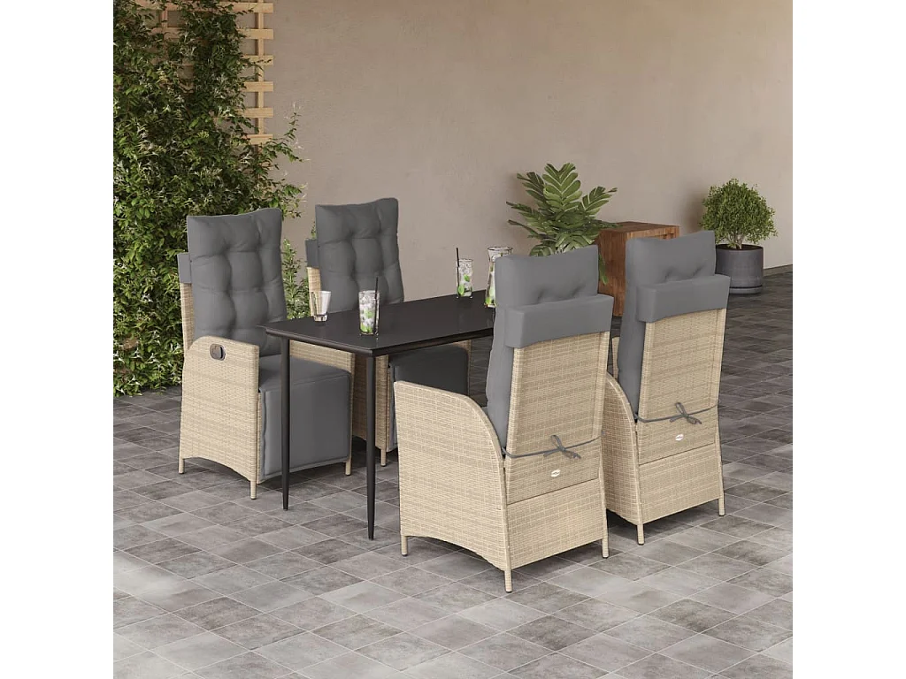 Ensemble à manger de jardin coussins 5 pièces mélange beige rotin