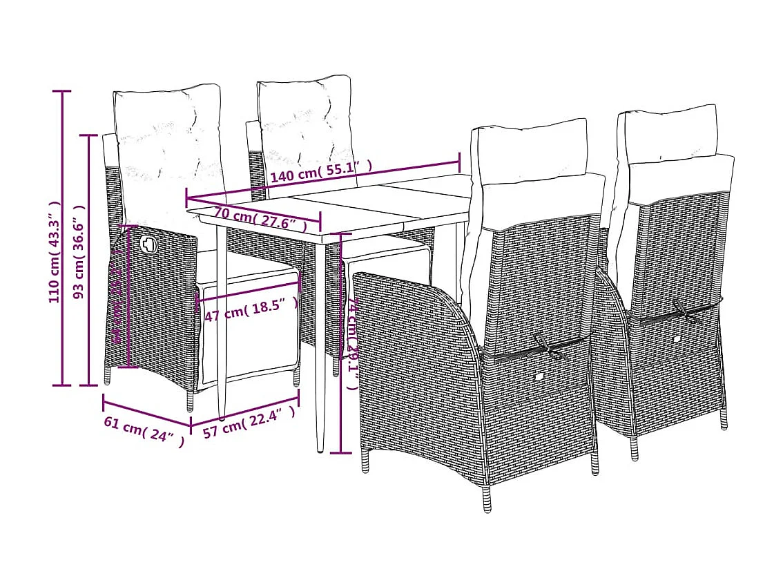 Ensemble à manger de jardin coussins 5 pièces mélange beige rotin