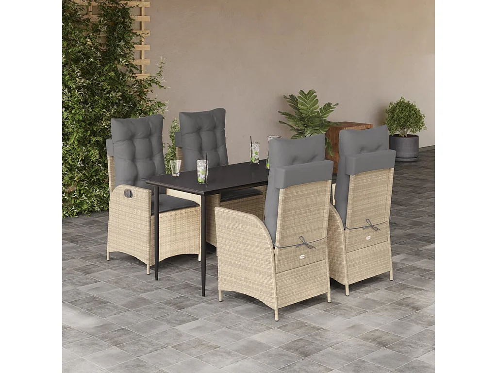 Ensemble à manger de jardin avec coussins 5 pièces Beige poly rotin