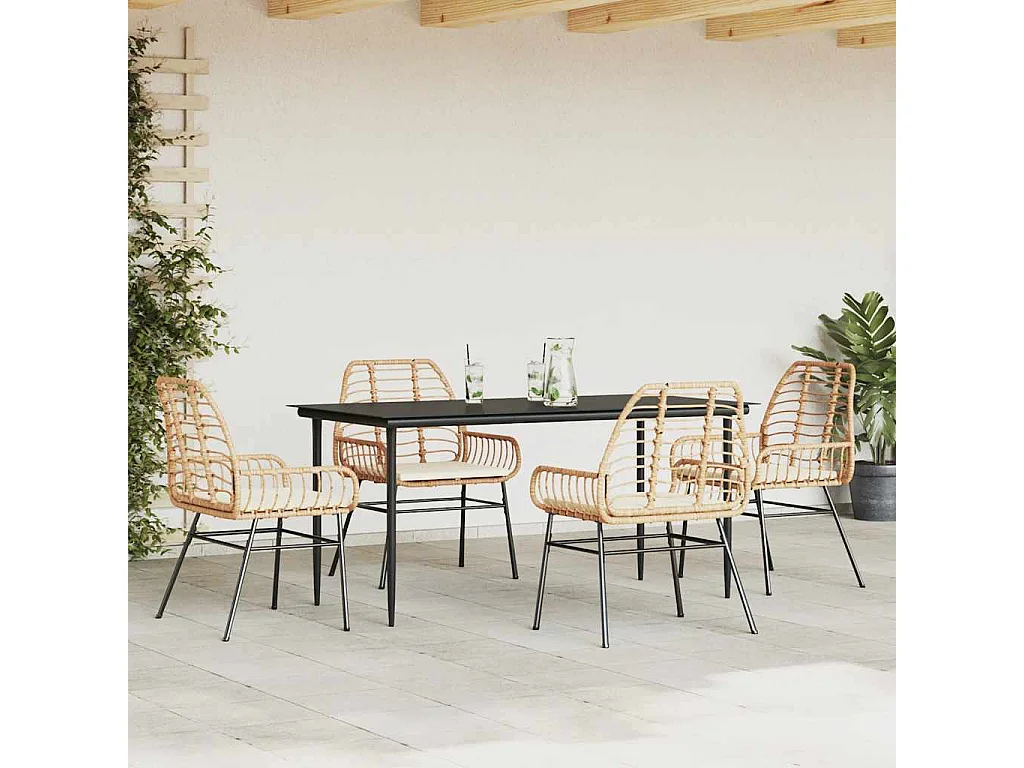 Ensemble à manger jardin coussins 5 pièces marron poly rotin verre