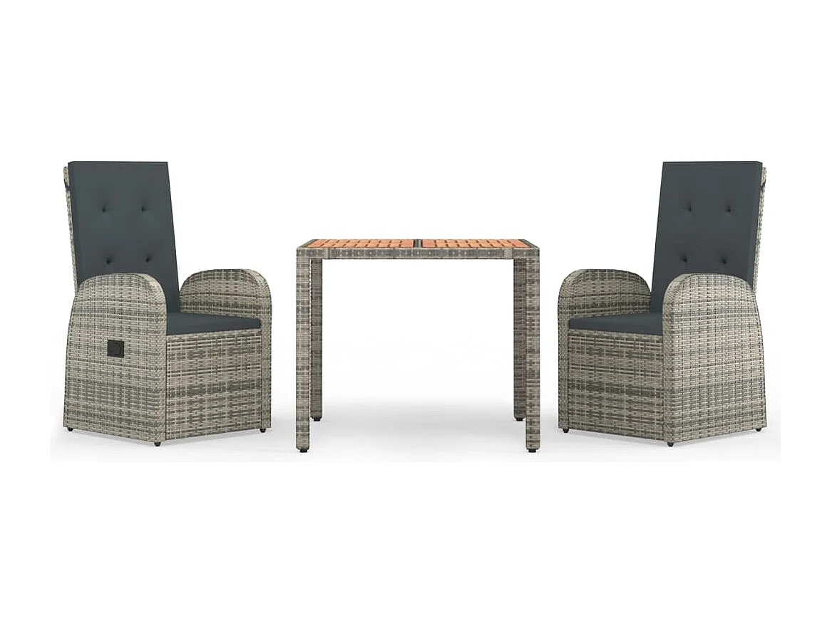 Set comedor de jardín 3 piezas con cojines ratán sintético gris