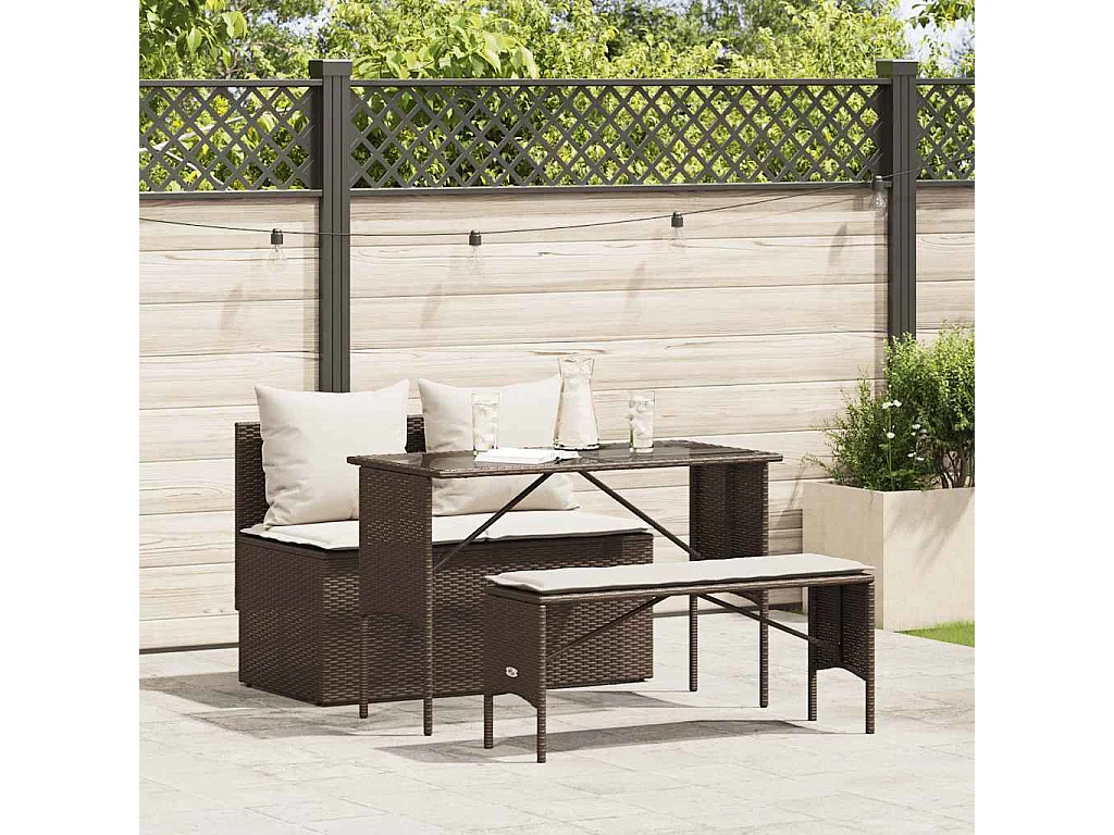 Set comedor de jardín 3 piezas y cojines ratán sintético marrón