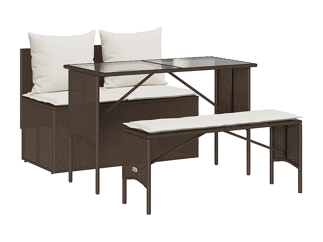 Set comedor de jardín 3 piezas y cojines ratán sintético marrón