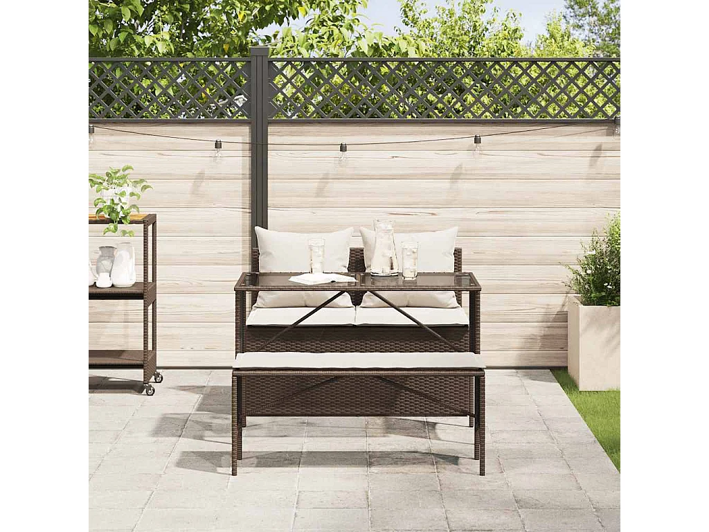 Set comedor de jardín 3 piezas y cojines ratán sintético marrón