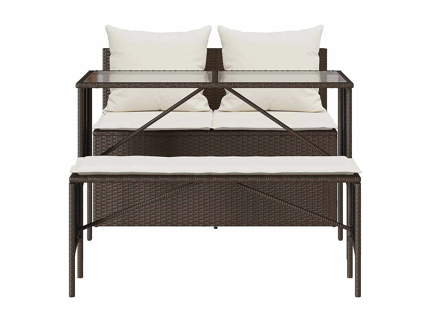 Set comedor de jardín 3 piezas y cojines ratán sintético marrón