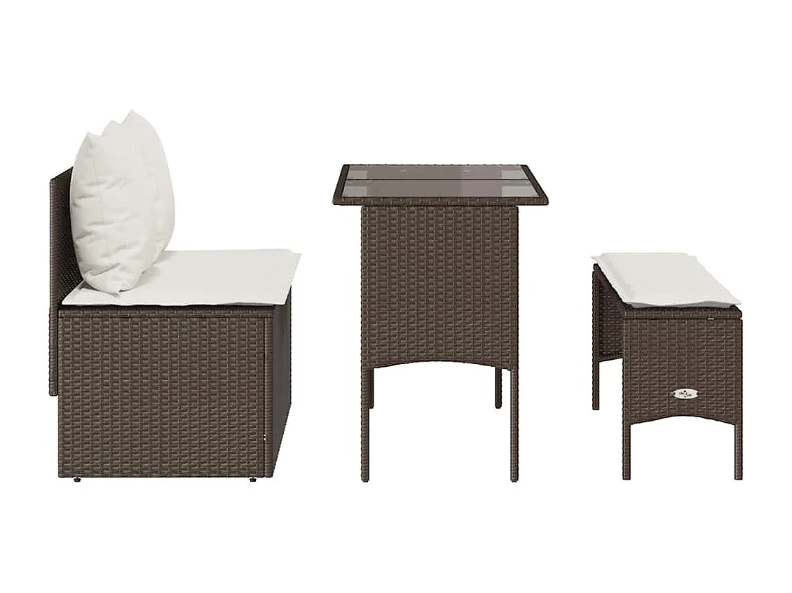 Set comedor de jardín 3 piezas y cojines ratán sintético marrón