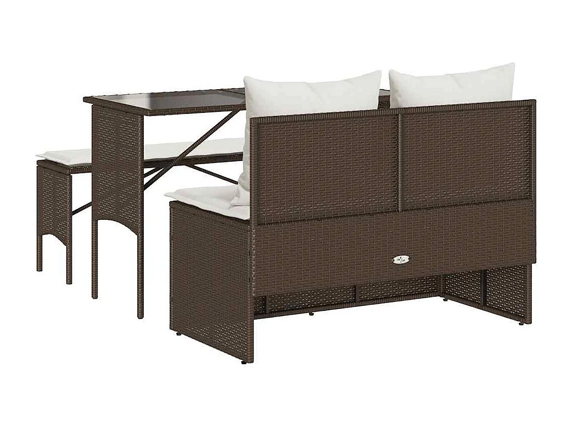 Set comedor de jardín 3 piezas y cojines ratán sintético marrón