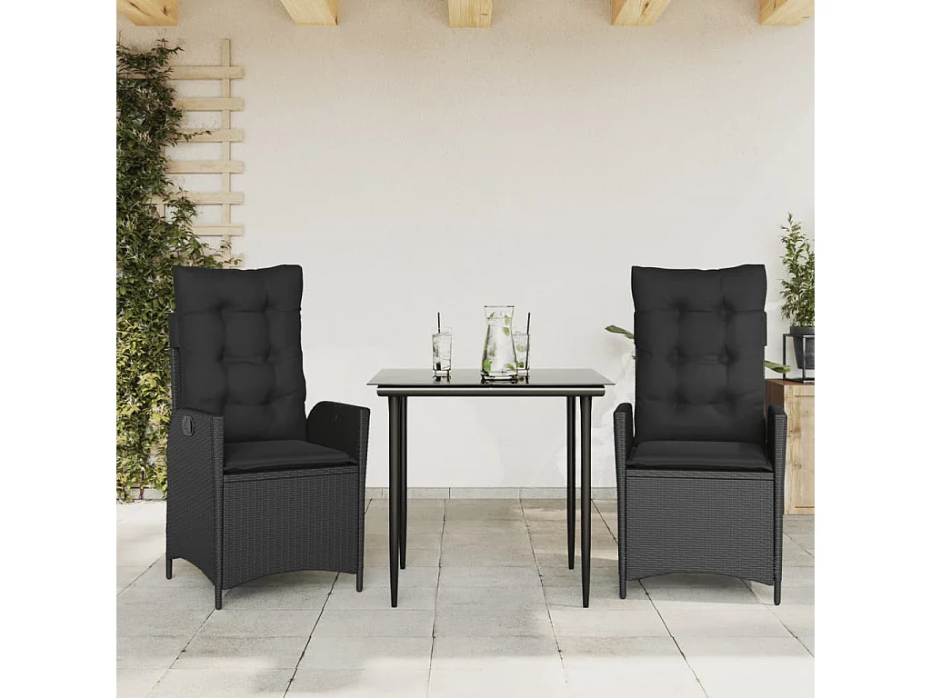 Set comedor de jardín 3 piezas con cojines ratán sintético negro