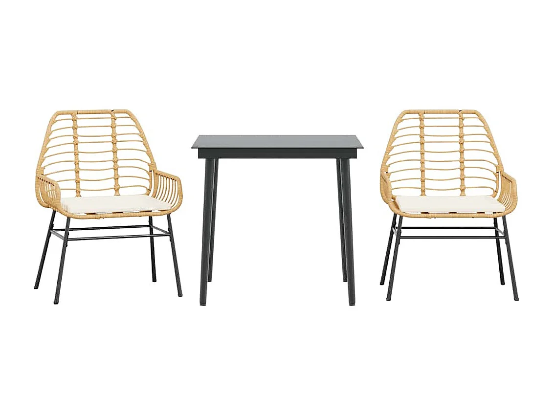 Ensemble à manger jardin coussins 3pièces marron poly rotin verre