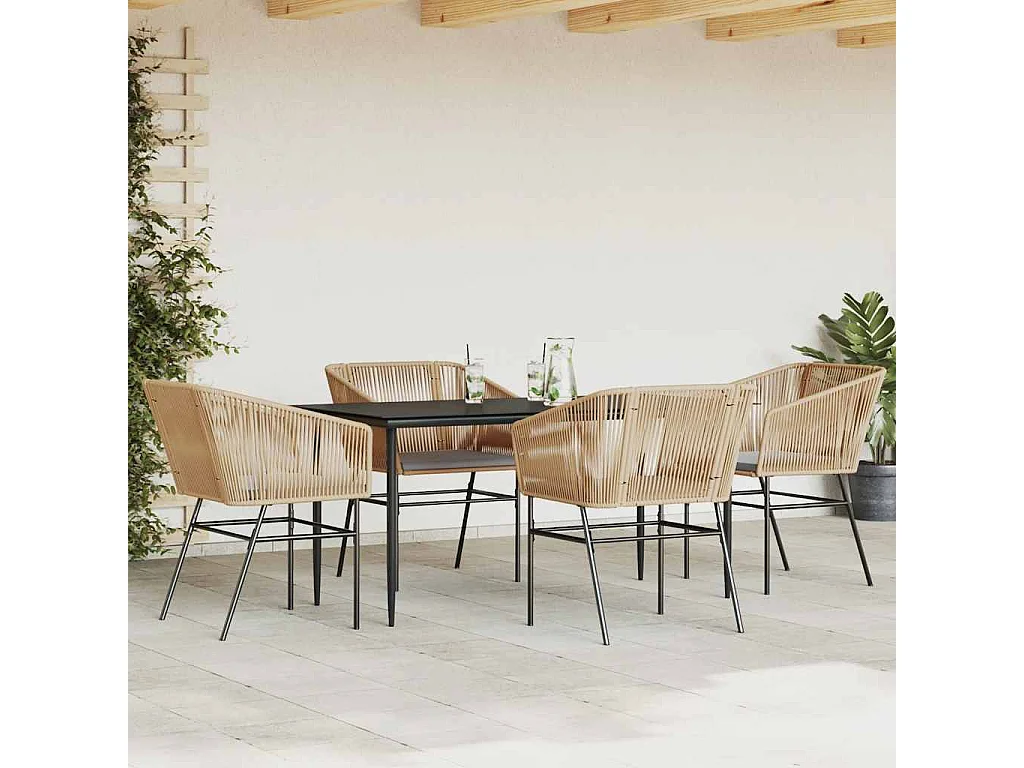 Juego de comedor jardín 5 piezas cojines ratán sintético marrón