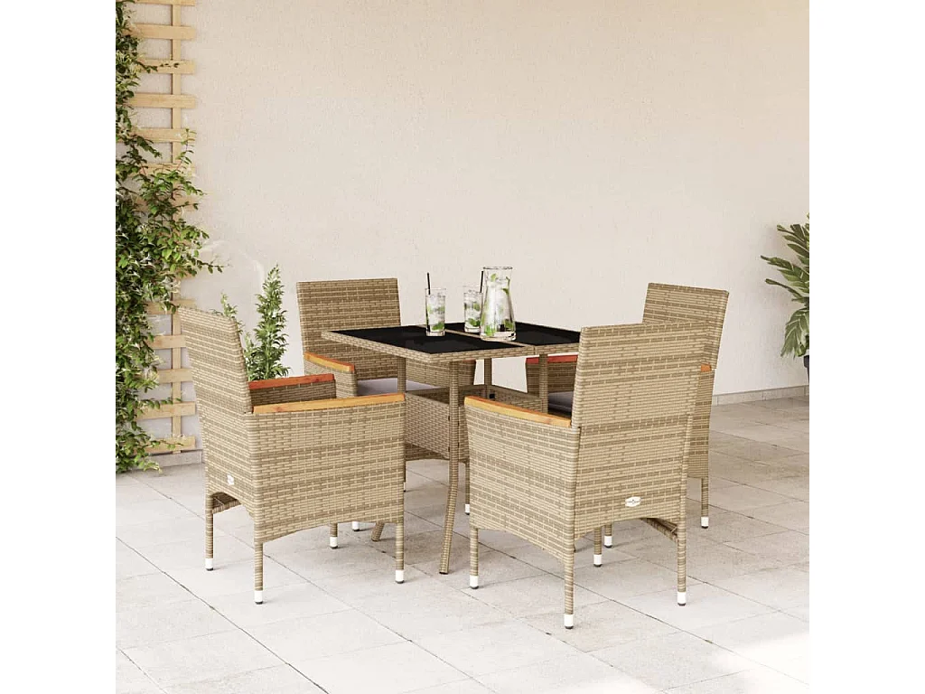 Set comedor jardín 5 piezas cojines ratán sintético vidrio beige