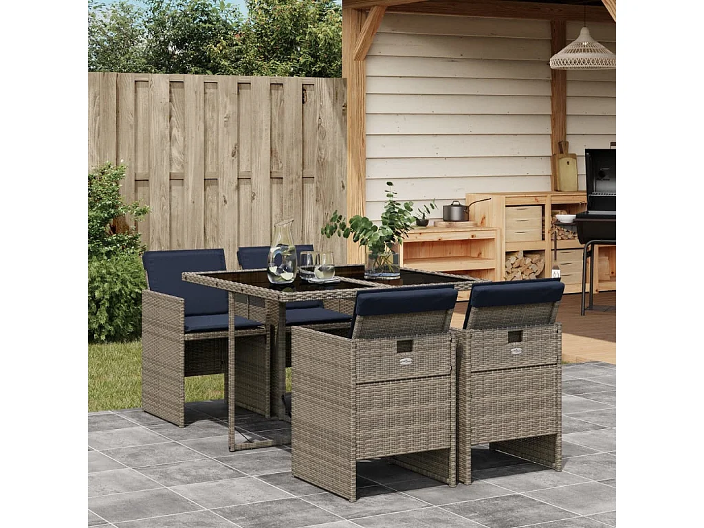 Ensemble à manger de jardin 5 pièces coussins gris résine tressée